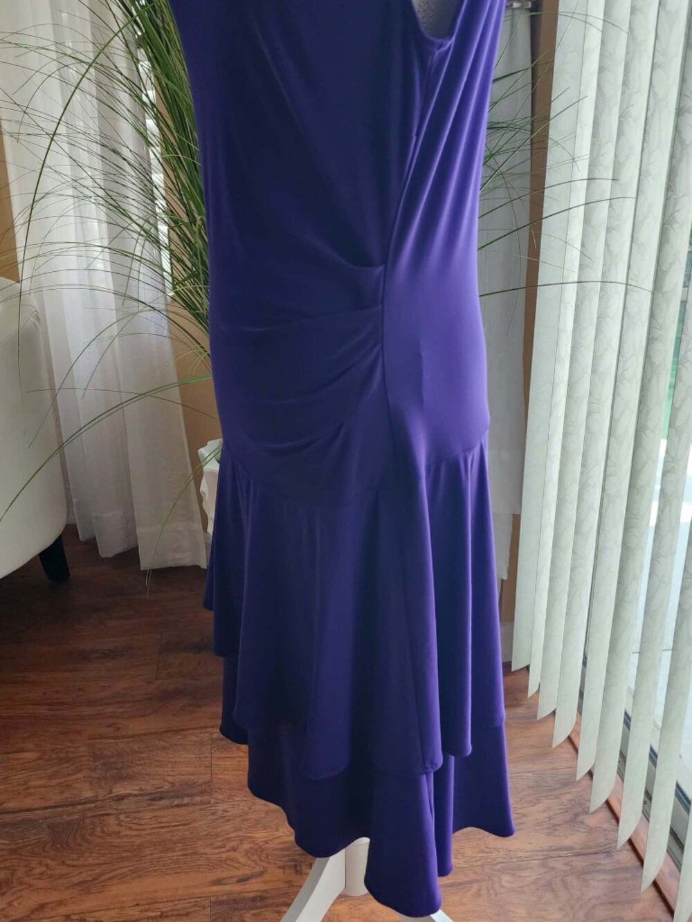 American Living Purple Ruffle Midi Dress Size 12 Ruched Flattering Fit - Picture 7 of 10